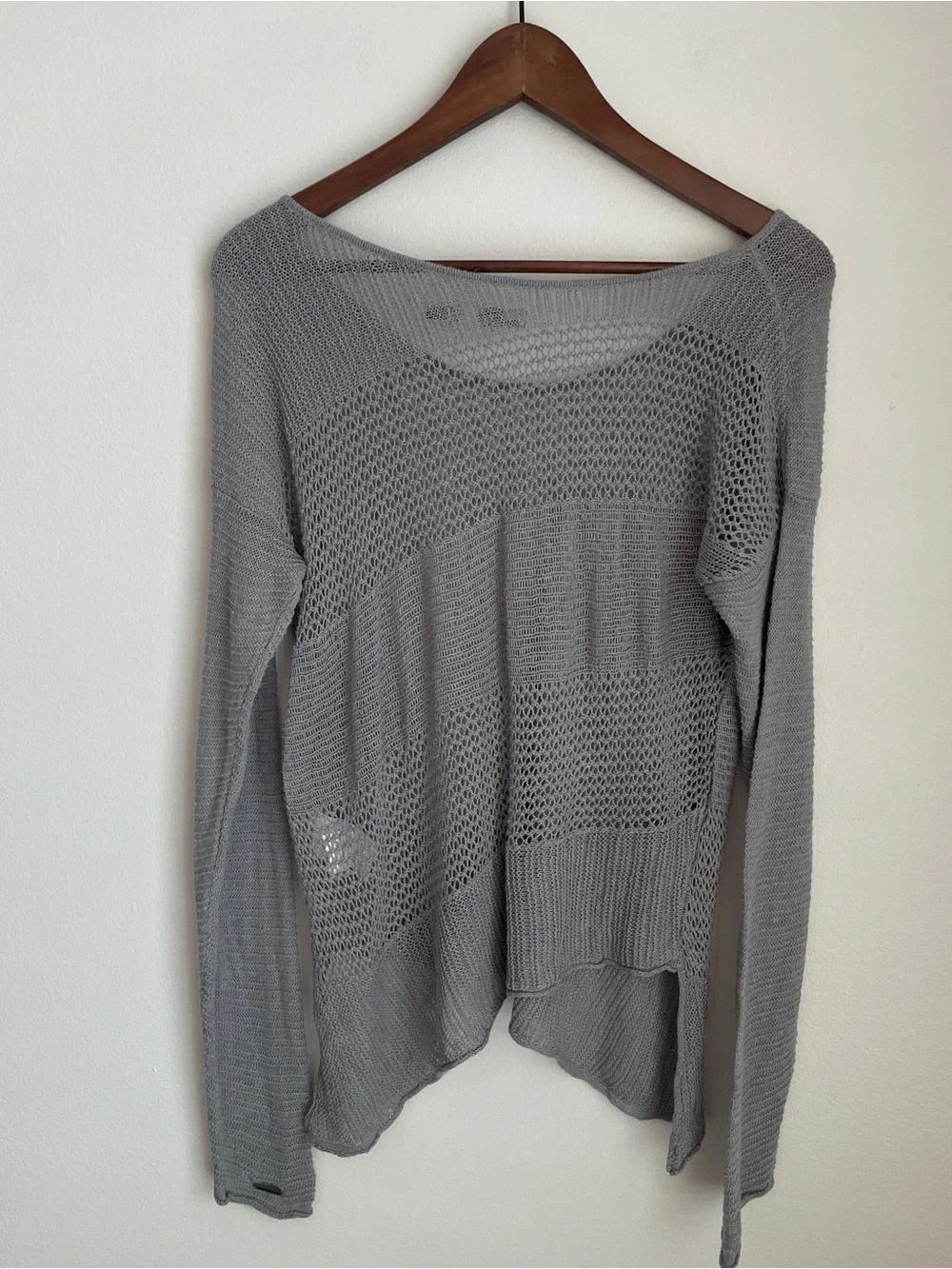 PrAna Sweater Open Knit V-Neck Gray Asymmetric Hem Mesh Panel Granola Gorpcore